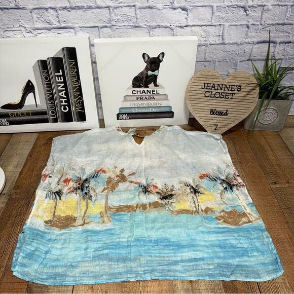 Chico's Scenic Ocean 100% Linen Caftan Blouse Top Beachy Tropical Poncho L/XL - Picture 3 of 10